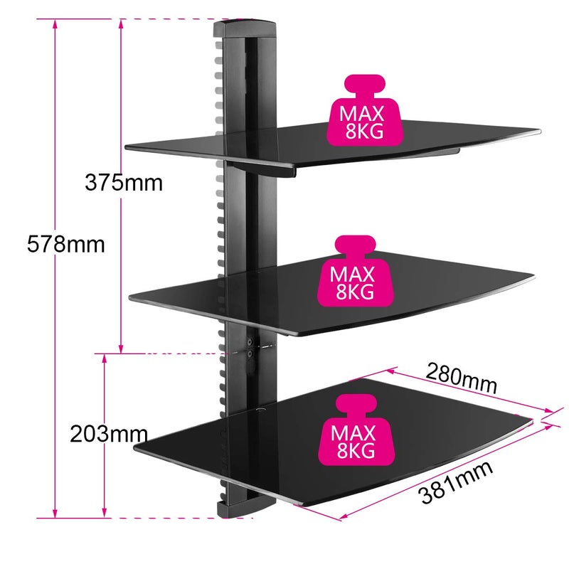 suptek 3 Floating Shelf Wall Bracket with Strengthened Tempered Glass for DVD Players/Cable Boxes/Games Consoles/TV Accessories, 3 Shelves, Black, CS303 - Image 3